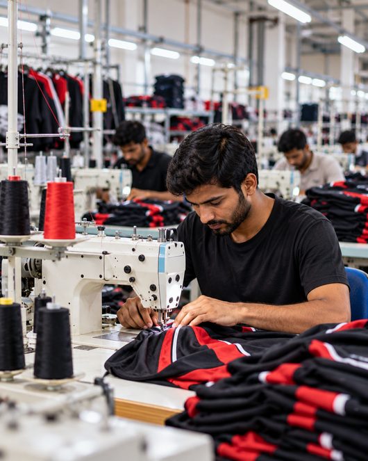 Skilled machinist producing sportswear